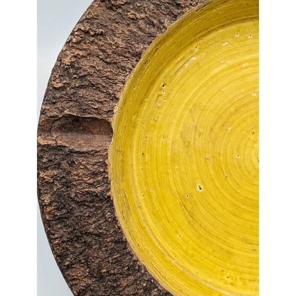 Vintage Bitossi Ashtray Round Bowl‎ Brown Yellow 1960s Italy Brutalist 10.5